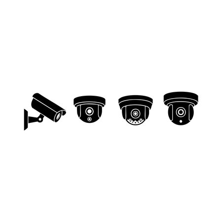 A collection of security camera icons presented in a silhouette style, isolated on a clean white background.のイラスト素材