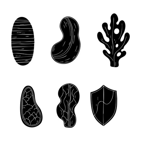 A collection of six distinct graphic elements, including organic shapes and a shield, presented in a scratchy silhouette style on a white background.のイラスト素材