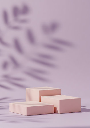 Minimalist scene with stacked pastel pink blocks creating platforms, illuminated by dappled leaf shadows on a soft lavender backdrop.の素材