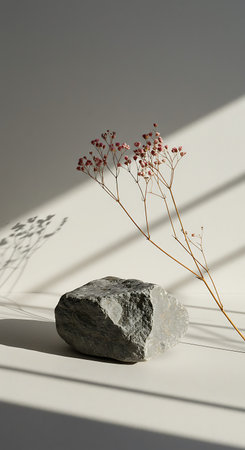 A dark, textured stone rests beside a delicate dried plant with small buds, casting long shadows on a light surface.の素材