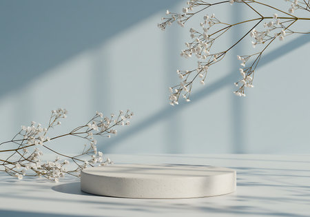 A clean, light-filled scene featuring a round podium adorned with delicate white floral branches and soft shadows.の素材