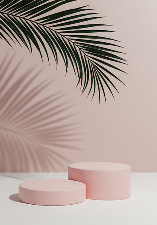 Two soft pink cylindrical pedestals are arranged on a white surface, with delicate palm leaf shadows cast behind them against a pale pink background.の素材