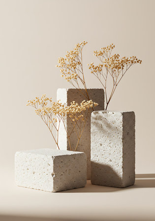 Arrangement of textured stone blocks with delicate dried floral branches, bathed in soft, warm light casting gentle shadows.の素材