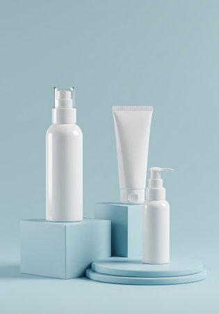 Three white cosmetic containers, including a spray bottle, tube, and pump bottle, are artfully arranged on light blue geometric blocks against a soft blue background.の素材