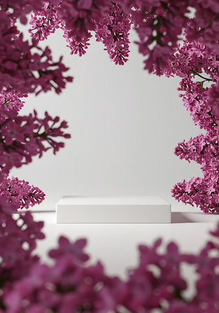 A minimalist white stage is framed by blurred, vibrant pink foliage, creating a soft, natural backdrop for product display.の素材