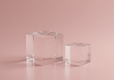 Two transparent acrylic cubes of different sizes are placed on a smooth, light pink reflective surface against a matching background.の素材