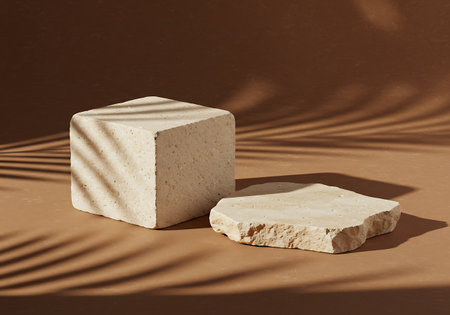 Two neutral-toned geometric shapes, a cube and an irregular stone, are arranged on a brown surface with palm leaf shadows.の素材