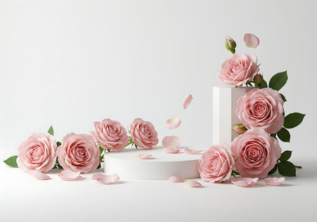 Delicate pink roses with lush green leaves are displayed on minimalist white pedestals, creating an elegant floral composition.の素材