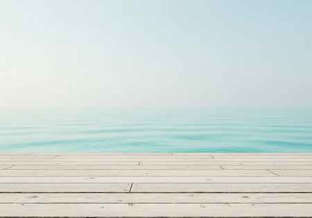 A tranquil beach scene with a weathered wooden plank in the foreground, leading to calm turquoise water and a hazy blue sky.の素材
