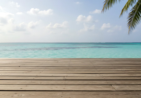 A weathered wooden boardwalk leads to the edge of a calm, turquoise ocean under a partly cloudy sky with palm fronds in the corner.の素材