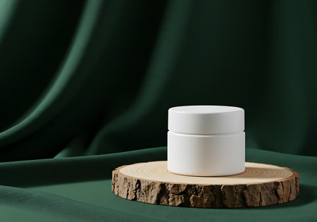 A minimalist product shot featuring a white cosmetic jar on a rustic wood slice, set against a backdrop of luxurious, dark green draped fabric.の素材