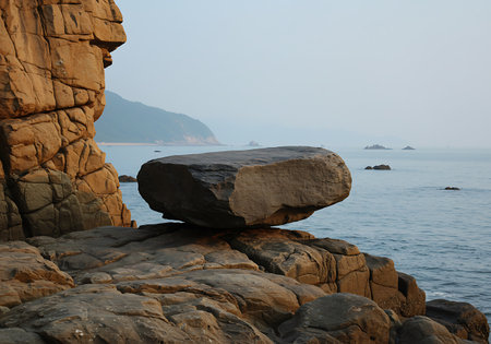 A large, weathered boulder precariously balanced on a rocky cliff edge, with the calm ocean stretching to the horizon.の素材