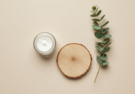 A top-down view of a jar of white cream, a wooden disc, and a eucalyptus branch on a neutral background.の素材