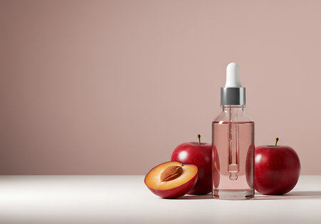 A clear glass dropper bottle containing pink serum stands next to whole and halved ripe plums against a soft pink background.の素材