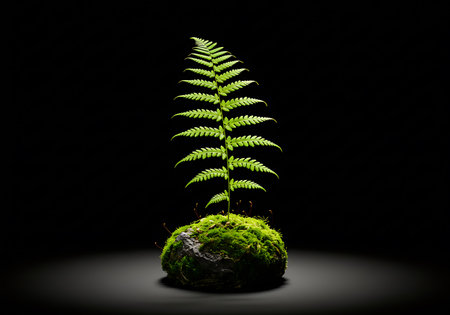 A vibrant green fern frond unfurls from a textured, moss-covered sphere against a stark black background with dramatic lighting.の素材