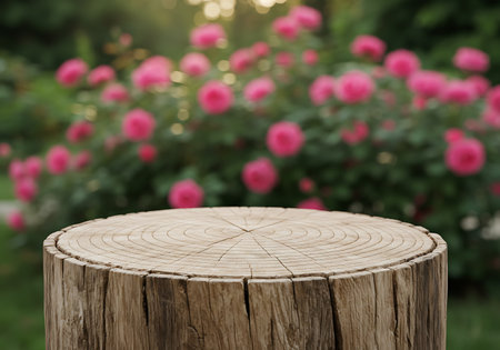 A weathered tree stump serves as a natural podium in a garden setting, with a blurred backdrop of vibrant pink roses and greenery.の素材