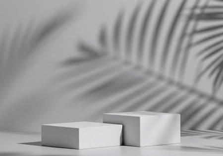 Two clean white geometric pedestals are illuminated by soft light, casting dramatic shadows from palm leaves on a textured surface.の素材