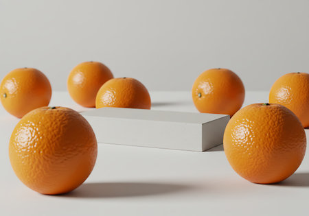 A still life composition featuring multiple whole and halved oranges artfully arranged on white geometric blocks with a soft, diffused light.の素材