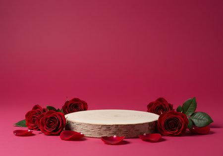 A rustic wooden podium sits on a vibrant pink surface, adorned with deep red roses and scattered petals, creating a romantic and luxurious display.の素材