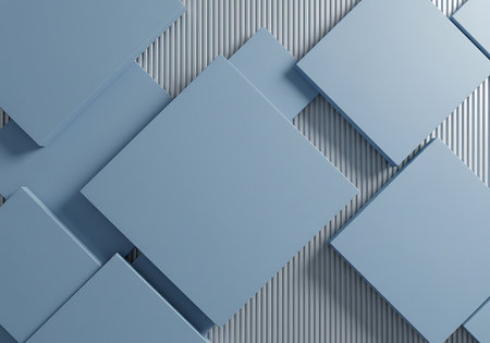A modern abstract design featuring overlapping light blue squares with sharp edges against a background of fine vertical silver lines.の素材
