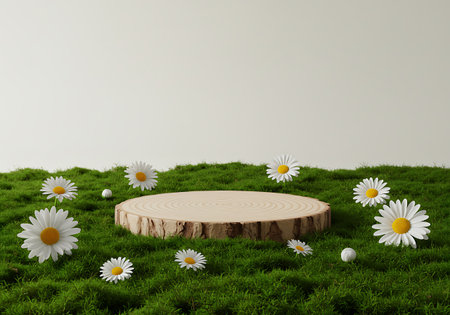 A rustic wooden disc sits on a bed of lush green moss, adorned with delicate white daisies, creating a natural display.の素材