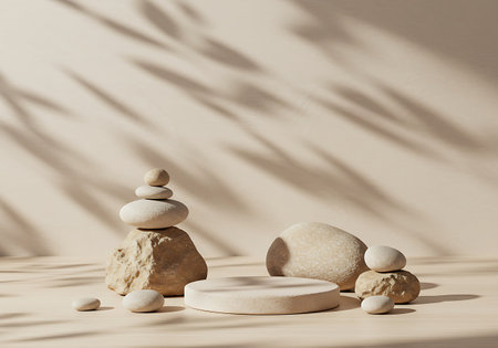 A serene composition of stacked stones and natural elements bathed in soft light, creating a tranquil and balanced aesthetic.の素材
