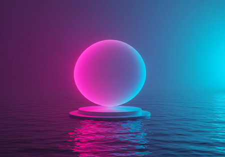 A translucent sphere glows with pink and blue light, resting on a futuristic pedestal above shimmering, rippling water.の素材
