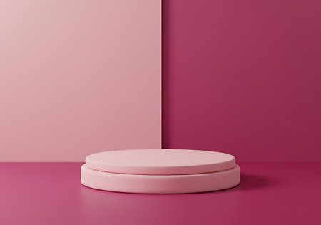 A clean, modern presentation stage or pedestal in a soft pink hue, set against a backdrop of contrasting pink geometric panels.の素材