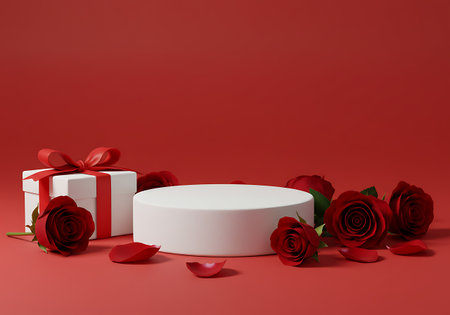 A white gift box with a red ribbon sits next to a white podium, surrounded by deep red roses and petals on a red background.の素材