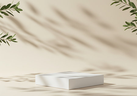 A clean white rectangular podium is bathed in soft light, casting dappled shadows from overhead foliage, creating a serene display setting.の素材