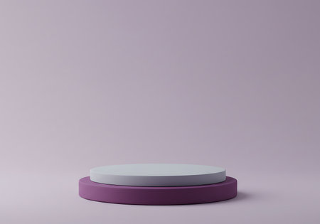 A simple, modern two-tiered podium or display stand with a purple base and white top, set against a soft lavender background.の素材