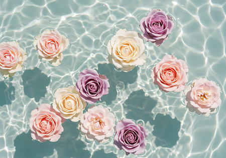 A collection of delicate pastel roses in shades of pink, cream, and purple gently float on the surface of clear, rippling water, casting soft shadows.の素材