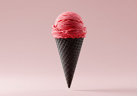 A close-up studio shot of a strawberry ice cream cone with three scoops in a black waffle cone against a soft pink background.の素材