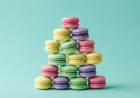 A pyramid of assorted colorful macarons stacked against a solid teal backdrop, showcasing a variety of pastel hues and textures.の素材