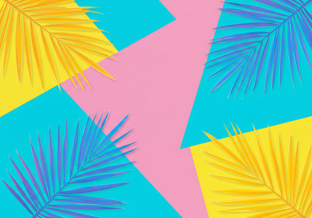 A modern, abstract design featuring stylized palm fronds in blue and yellow against a pink and turquoise geometric backdrop.の素材