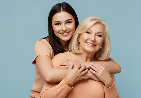 A young woman with dark hair hugs an older woman with blonde hair from behind, both smiling warmly against a light blue background.の素材