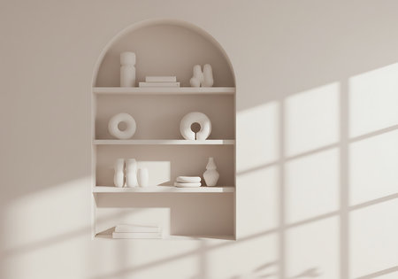 An arched niche filled with minimalist decorative objects, bathed in soft natural light casting geometric shadows on the wall.の素材