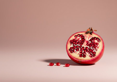 A vibrant half of a pomegranate rests on a smooth surface, with scattered arils and a soft shadow.の素材