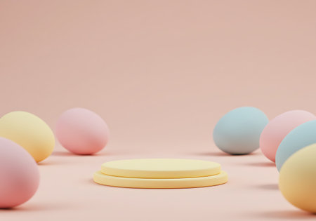 Soft pastel Easter eggs in various colors are scattered around a small, multi-tiered yellow display platform on a light pink background.の素材