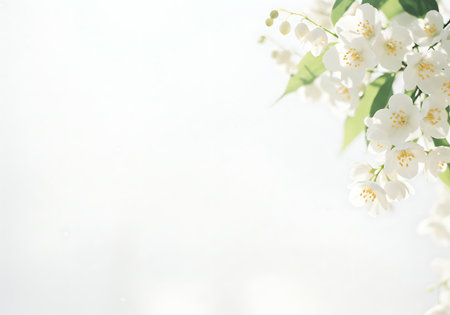 A close-up of delicate white flowers with green leaves, bathed in soft light, creating a serene and airy composition.の素材