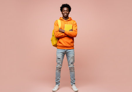 A smiling young Black man stands with arms crossed, wearing an orange hoodie, ripped jeans, and a yellow backpack against a peach background.の素材