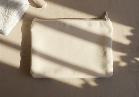 A close-up view of a light-colored, textured fabric pouch illuminated by dappled sunlight creating a serene and inviting atmosphere.の素材