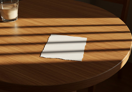 A small piece of paper rests on a round wooden table bathed in warm sunlight, with a glass of milk nearby.の素材