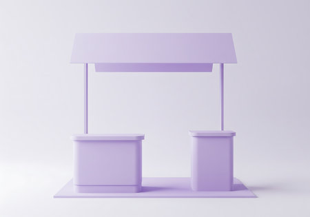 A clean, modern exhibition booth in a soft pastel purple hue, perfect for product displays or promotional events.の素材