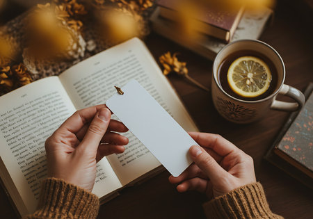 Hands holding a bookmark in an open book, beside a warm mug of tea with lemon and autumn decor.の素材