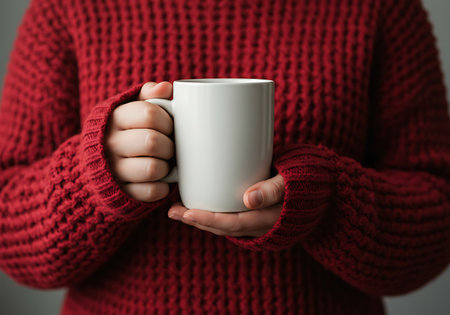 Close-up of hands wearing a thick red knit sweater, cradling a plain white mug. Perfect for winter comfort.の素材