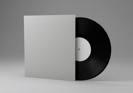 A plain gray sleeve partially covers a black vinyl record with a white label. Minimalist music media presentation.の素材