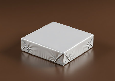A solitary square confection, meticulously encased in shimmering silver foil, rests on a polished brown surface.の素材