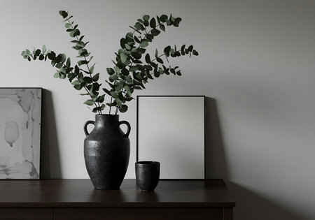 A dark, textured vase holds dried eucalyptus. Two framed pieces of art sit behind it on a wooden surface.の素材