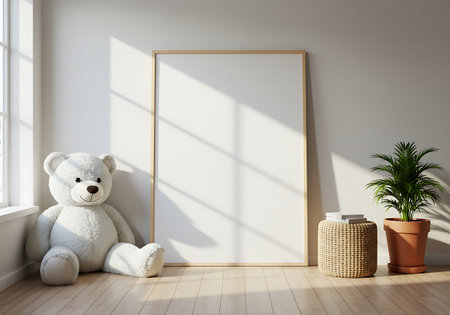 A soft teddy bear sits beside a blank canvas frame in a sunlit room, perfect for nursery decor.の素材